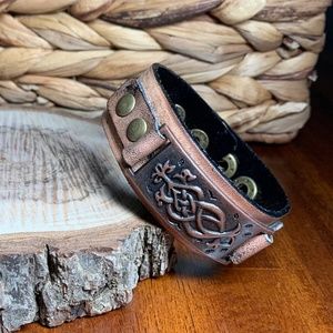 Brown Faux Leather bracelet with Copper and Brass accents, unisex.